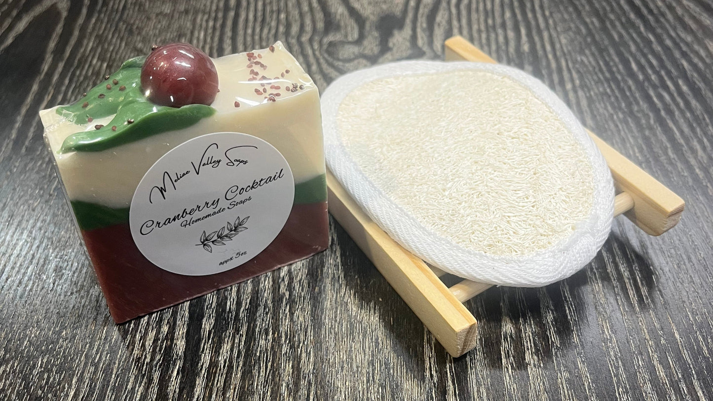A soap bar with red, green, and white diagonal lines to the left of a wooden soap holder with a loofah pad on top. 