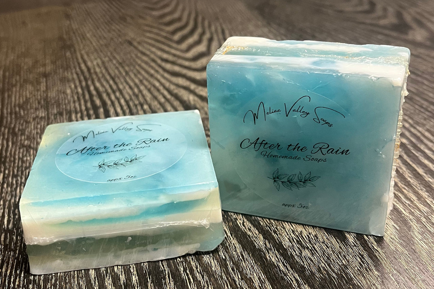 Two multi colored, clear, white, and blue soap bars with clear labels. One is lying down, showing the side of the bar; the other is upright on its side, showing the top of the bar. 